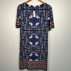 WESTPORT 1962 Stretch Blue Black White Red Bohemian Floral Print Sz 10 NWT‎